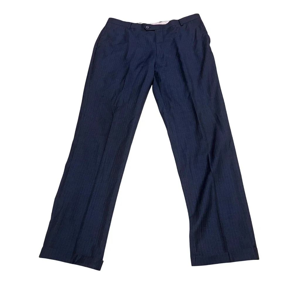 Vittello Mens Super 140s 40x34 Wool Pinstripe Dress Pants‎ Navy Blue 40L Cuffed